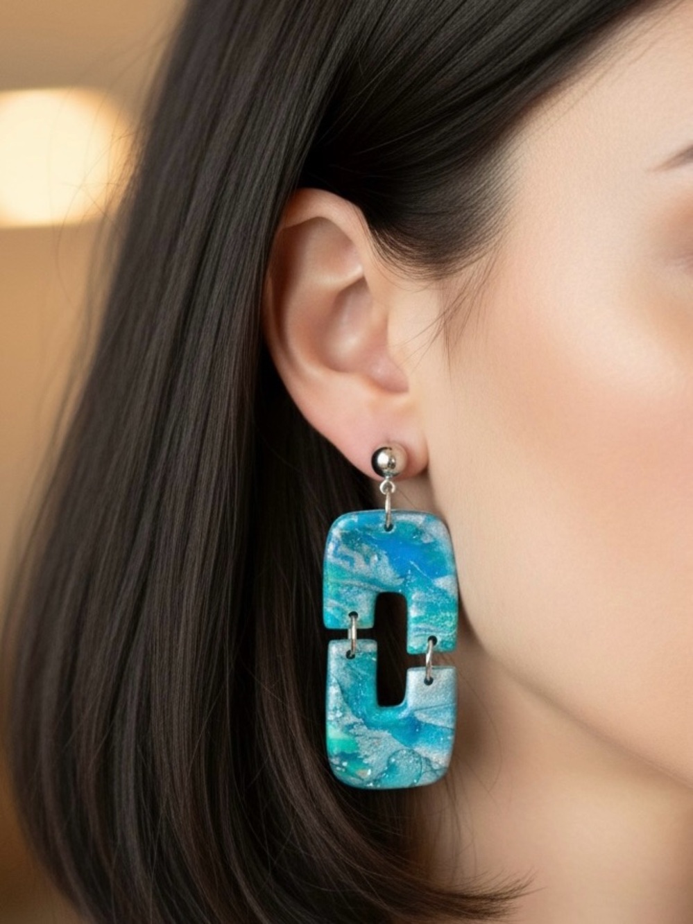Blue Green & Silver Dangle Handmade. Polymer Clay Earrings Stainless Steel Posts